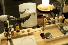 My working area with the vise with a lot of accessories mounted, tools, spools and assorted bits and pieces.